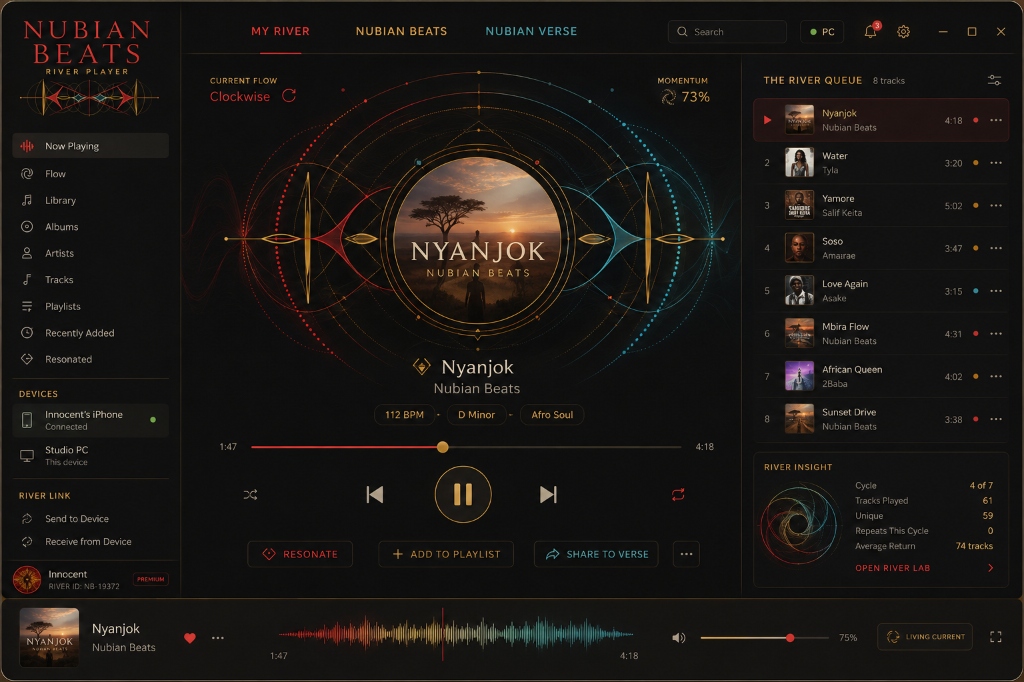 River Player showing the Living Current visualizer with the River Queue and playback controls